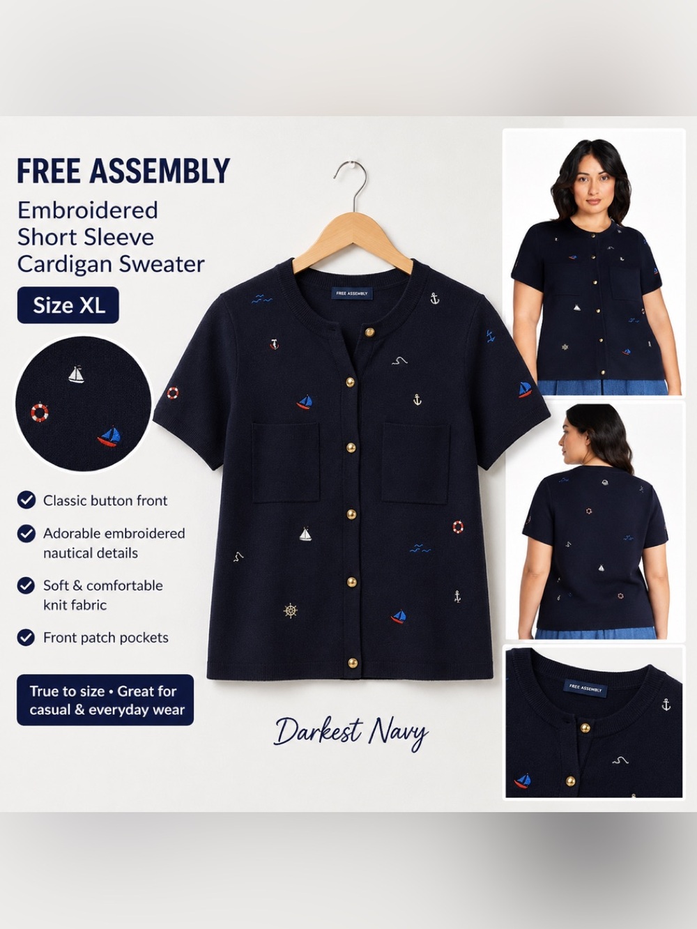 Free Assembly Darkest Navy Embroidered Short Sleeve Cardigan Sweater NWT